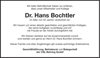 Traueranzeige von Hans Bochtler von Süddeutsche Zeitung