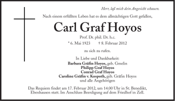 Traueranzeige von Carl Graf Hoyos von Süddeutsche Zeitung