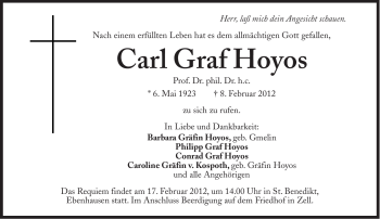 Traueranzeige von Carl Graf Hoyos von Süddeutsche Zeitung