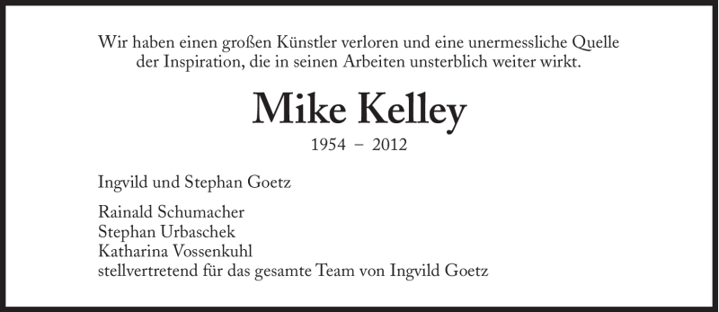  Traueranzeige für Mike Kelley vom 11.02.2012 aus Süddeutsche Zeitung