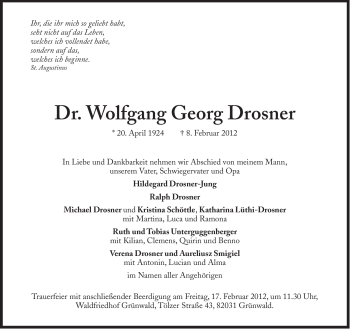 Traueranzeige von Wolfgang Georg Drosner von Süddeutsche Zeitung