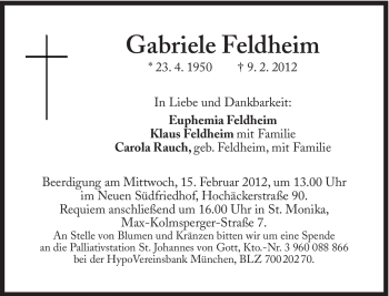 Traueranzeige von Gabriele Feldheim von Süddeutsche Zeitung
