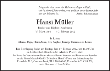 Traueranzeige von Hansi Müller von Süddeutsche Zeitung