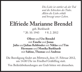 Traueranzeige von Elfriede Marianne Brendel von Süddeutsche Zeitung