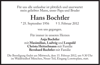 Traueranzeige von Hans Bochtler von Süddeutsche Zeitung