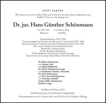 Traueranzeige von Hans Günther Schönmann von Süddeutsche Zeitung