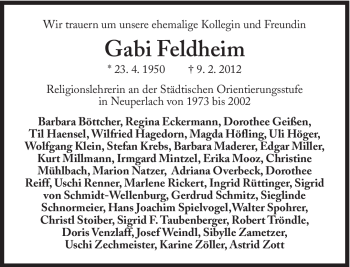 Traueranzeige von Gabi Feldheim von Süddeutsche Zeitung