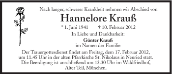 Traueranzeige von Hannelore Krauß von Süddeutsche Zeitung