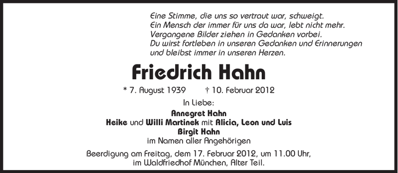  Traueranzeige für Friedrich Hahn vom 15.02.2012 aus Süddeutsche Zeitung