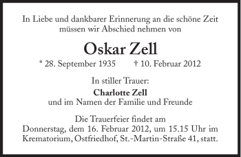 Traueranzeige von Oskar Zell von Süddeutsche Zeitung