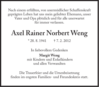 Traueranzeige von Axel Rainer Norbert Weng von Süddeutsche Zeitung