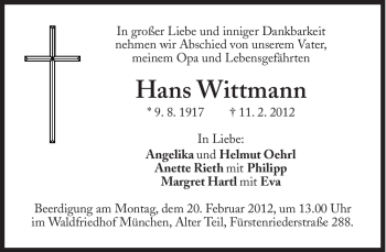Traueranzeige von Hans Wittmann von Süddeutsche Zeitung