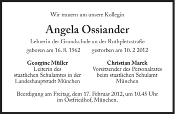Traueranzeige von Angela Ossiander von Süddeutsche Zeitung
