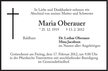 Traueranzeige von Maria Oberauer von Süddeutsche Zeitung