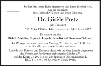 Traueranzeige von Gisele Pretz von Süddeutsche Zeitung