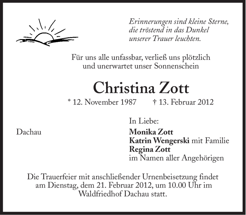  Traueranzeige für Christina Zott vom 18.02.2012 aus Süddeutsche Zeitung