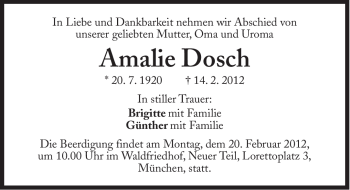 Traueranzeige von Amalie Dosch von Süddeutsche Zeitung