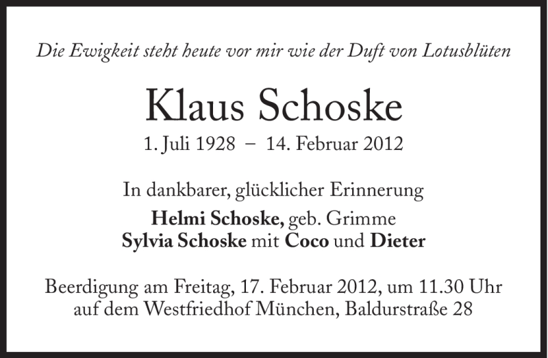  Traueranzeige für Klaus Schoske vom 16.02.2012 aus Süddeutsche Zeitung