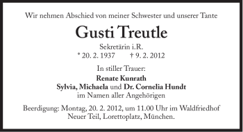 Traueranzeige von Gusti Treutle von Süddeutsche Zeitung