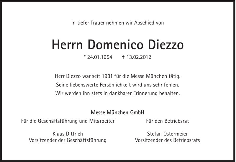  Traueranzeige für Domenico Diezzo vom 16.02.2012 aus Süddeutsche Zeitung