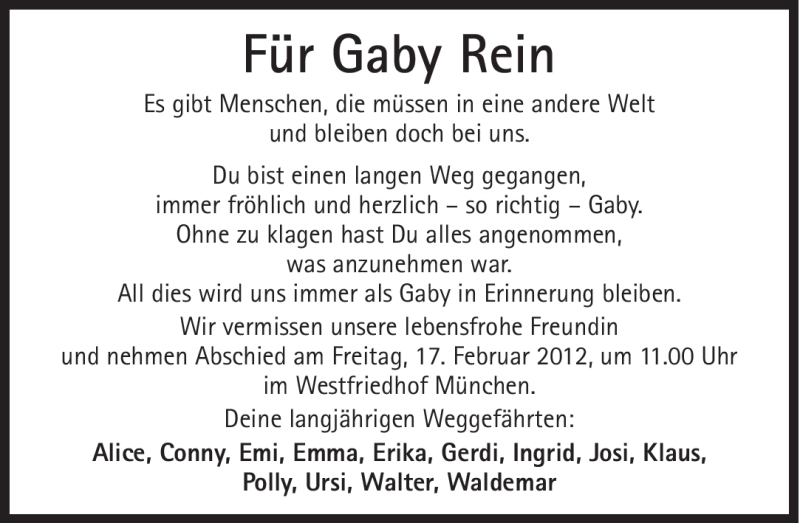  Traueranzeige für Gaby Rein vom 16.02.2012 aus Süddeutsche Zeitung