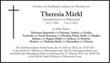 Traueranzeige von Theresia Märkl von Süddeutsche Zeitung
