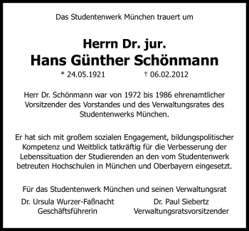 Traueranzeige von Hans Günther Schönmann von Süddeutsche Zeitung