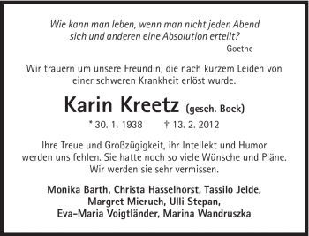 Traueranzeige von Karin Kreetz von Süddeutsche Zeitung