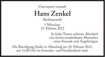 Traueranzeige von Hans Zenkel von Süddeutsche Zeitung