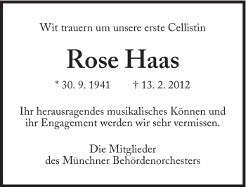 Traueranzeige von Rose Haas von Süddeutsche Zeitung