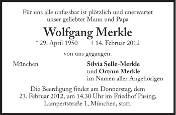 Traueranzeige von Wofgang Merkle von Süddeutsche Zeitung