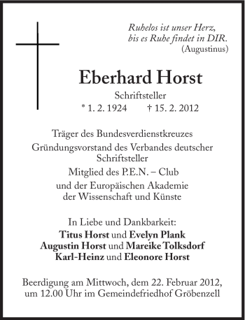 Traueranzeige von Eberhard Horst von Süddeutsche Zeitung