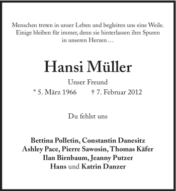 Traueranzeige von Hansi Müller von Süddeutsche Zeitung