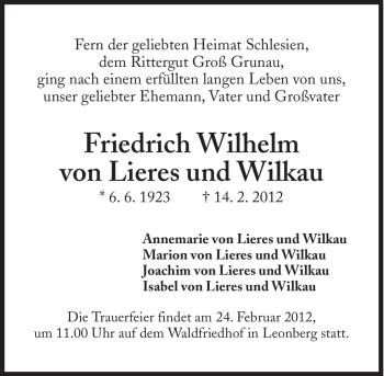 Traueranzeige von Friedrich Wilhelm von Lieres und Wilkau von Süddeutsche Zeitung