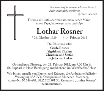 Traueranzeige von Lothar Rosner von Süddeutsche Zeitung
