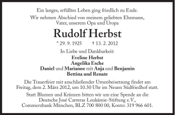 Traueranzeige von Rudolf Herbst von Süddeutsche Zeitung