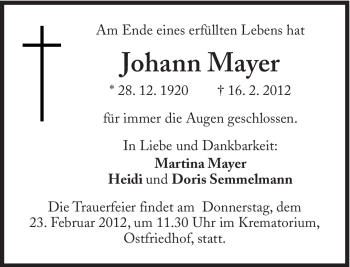 Traueranzeige von Johann Mayer von Süddeutsche Zeitung