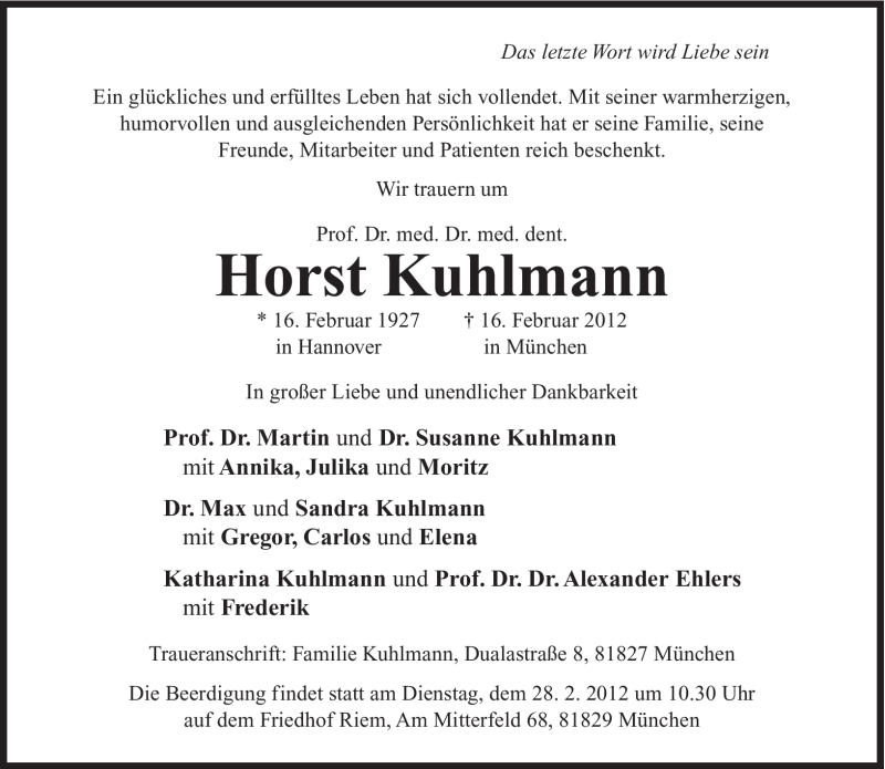  Traueranzeige für Horst Kuhlmann vom 22.02.2012 aus Süddeutsche Zeitung