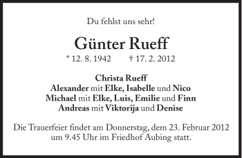 Traueranzeige von Günter Rueff von Süddeutsche Zeitung