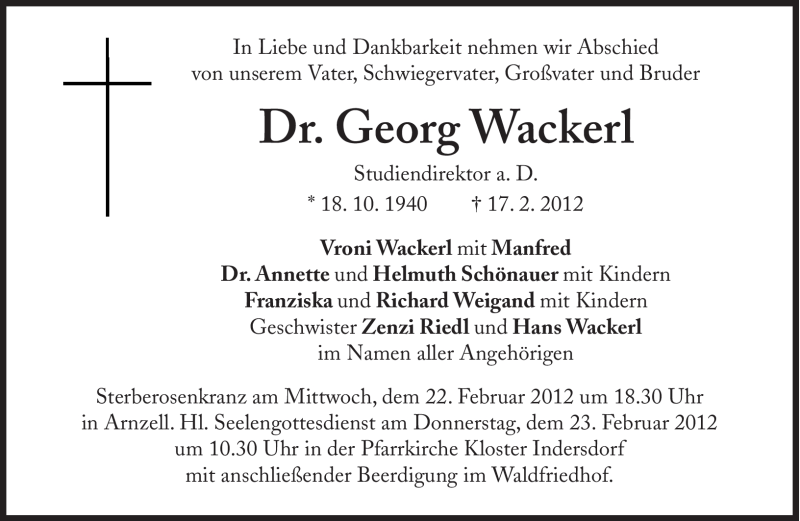  Traueranzeige für Georg Wackerl vom 20.02.2012 aus Süddeutsche Zeitung