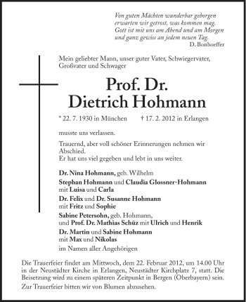 Traueranzeige von Dietrich Hohmann von Süddeutsche Zeitung