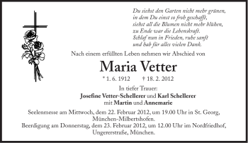 Traueranzeige von Maria Vetter von Süddeutsche Zeitung