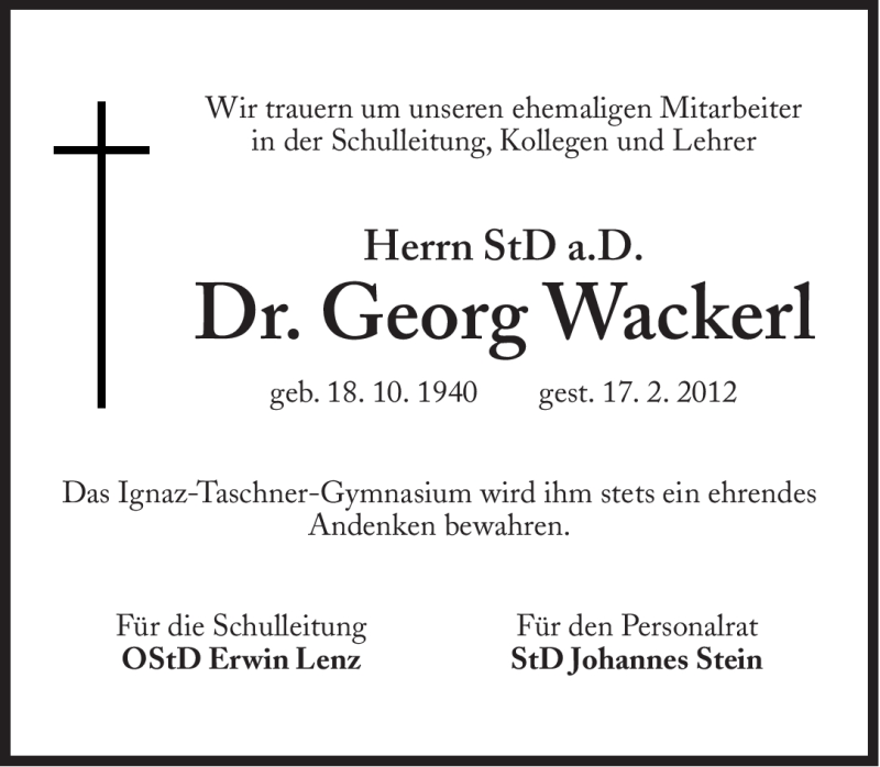  Traueranzeige für Georg Wackerl vom 21.02.2012 aus Süddeutsche Zeitung