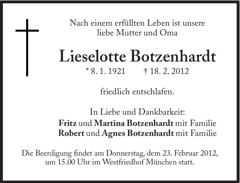  Traueranzeige für Lieselotte Botzenhardt vom 21.02.2012 aus Süddeutsche Zeitung