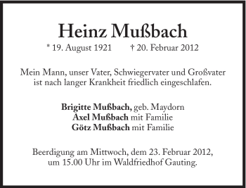 Traueranzeige von Heinz Mußbach von Süddeutsche Zeitung
