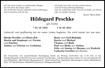 Traueranzeige von Hildegard Peschke von Süddeutsche Zeitung