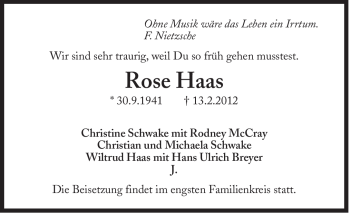 Traueranzeige von Rose Haas von Süddeutsche Zeitung