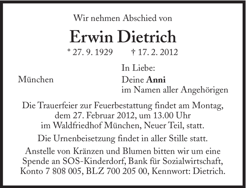 Traueranzeige für Erwin Dietrich vom 24.02.2012 aus Süddeutsche Zeitung