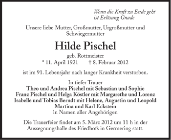 Traueranzeige von Hilde Pischel von Süddeutsche Zeitung