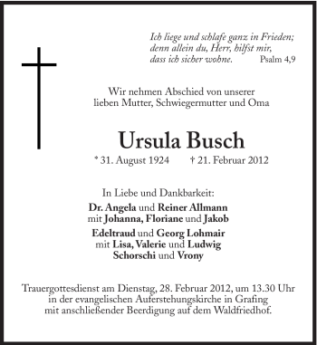 Traueranzeige von Ursula Busch von Süddeutsche Zeitung